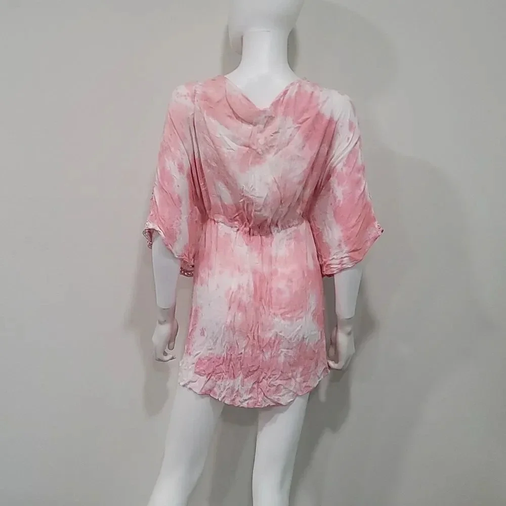 RAVIYA Pink Tie Dye Drawstring-Tie Kimono Deep V Neck Crochet Swimsuit Cover Up